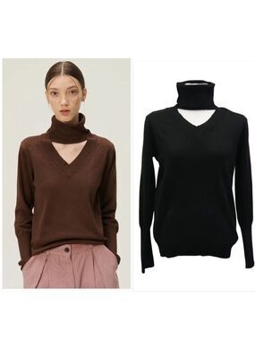 NEW Storets Ali Choker V-Neck Knit Turtleneck Top in Black